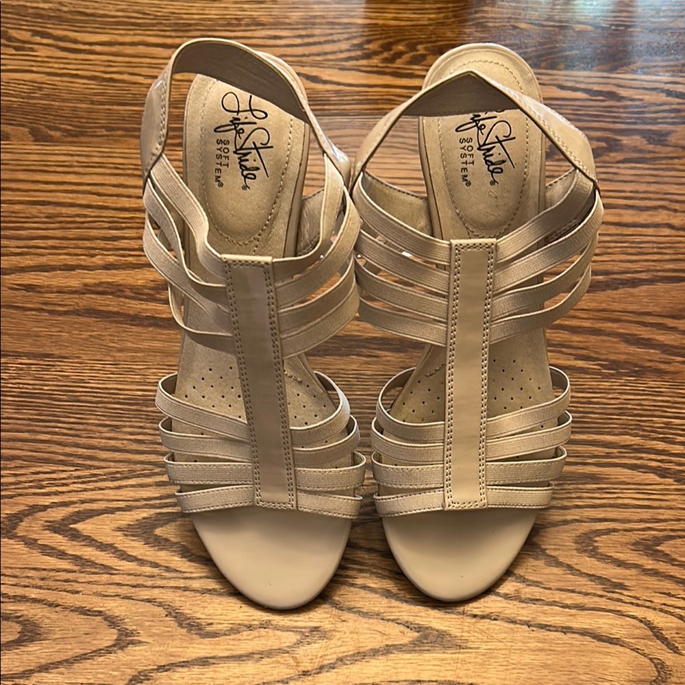 Life Stride Cream Heeled Sandals with Strappy Design